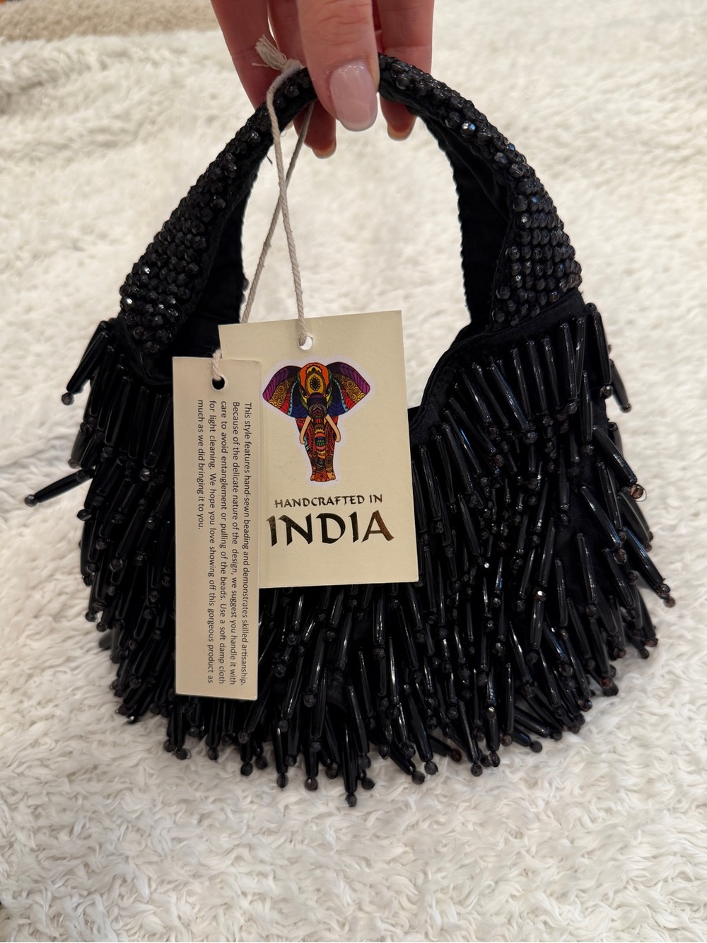 NWT Handcrafted Black Beaded Women's Top-Handle Bag
